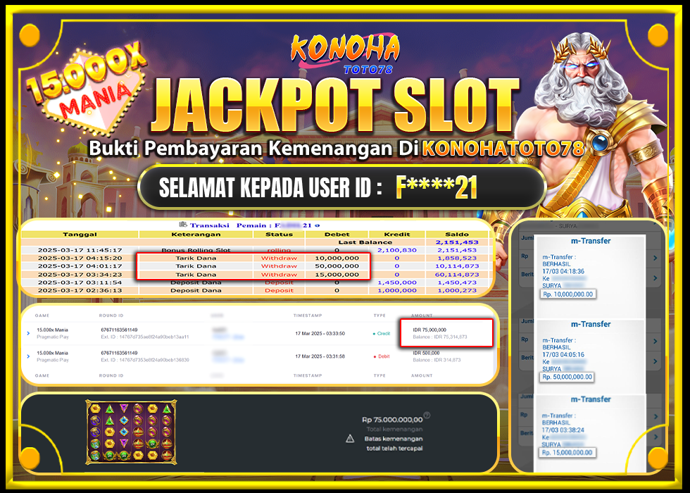 KONOHATOTO78 JACKPOT 15.000X MANIA Rp.75.000.000,- LUNAS