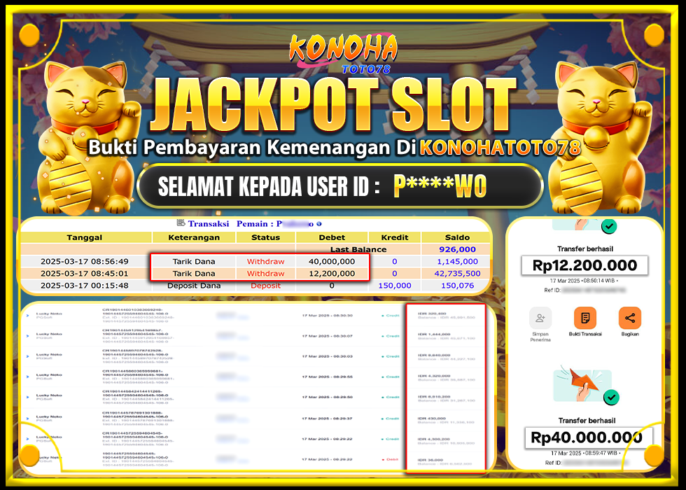 KONOHATOTO78 JACKPOT LUCKY NEKO Rp.52.200.000,- LUNAS